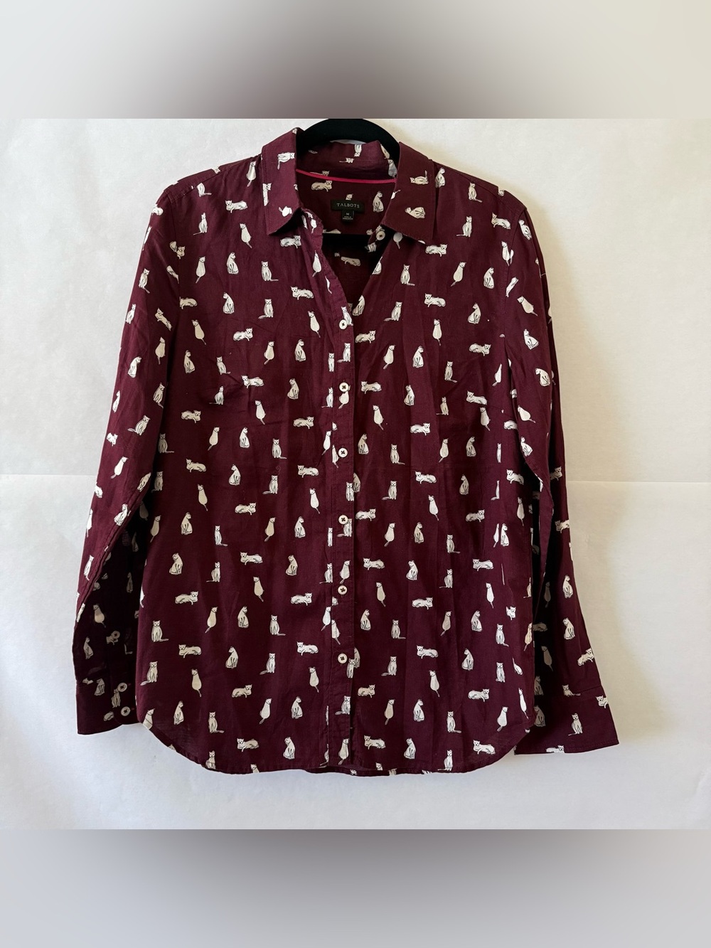 Talbots Cat Print Button Front Top Size M Long Sleeve NWOT Novelty Whimsical